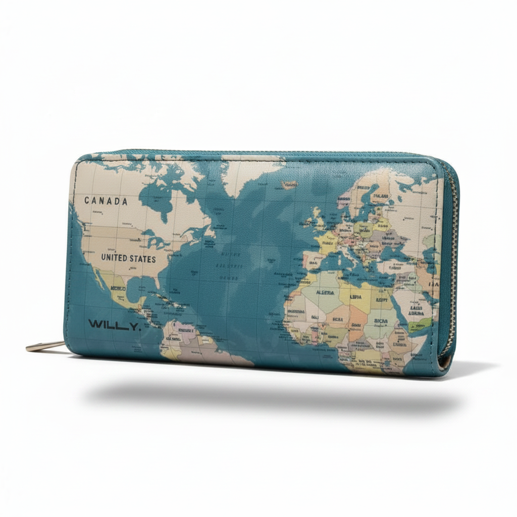 World Map Travel Wallet - Zipper Closure Design for wholesale by Willy be Smart