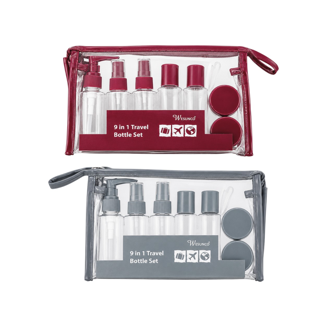 Kit de 9 bouteilles de voyage avec pochette transparente conforme TSA pour la vente par Willy be Smart