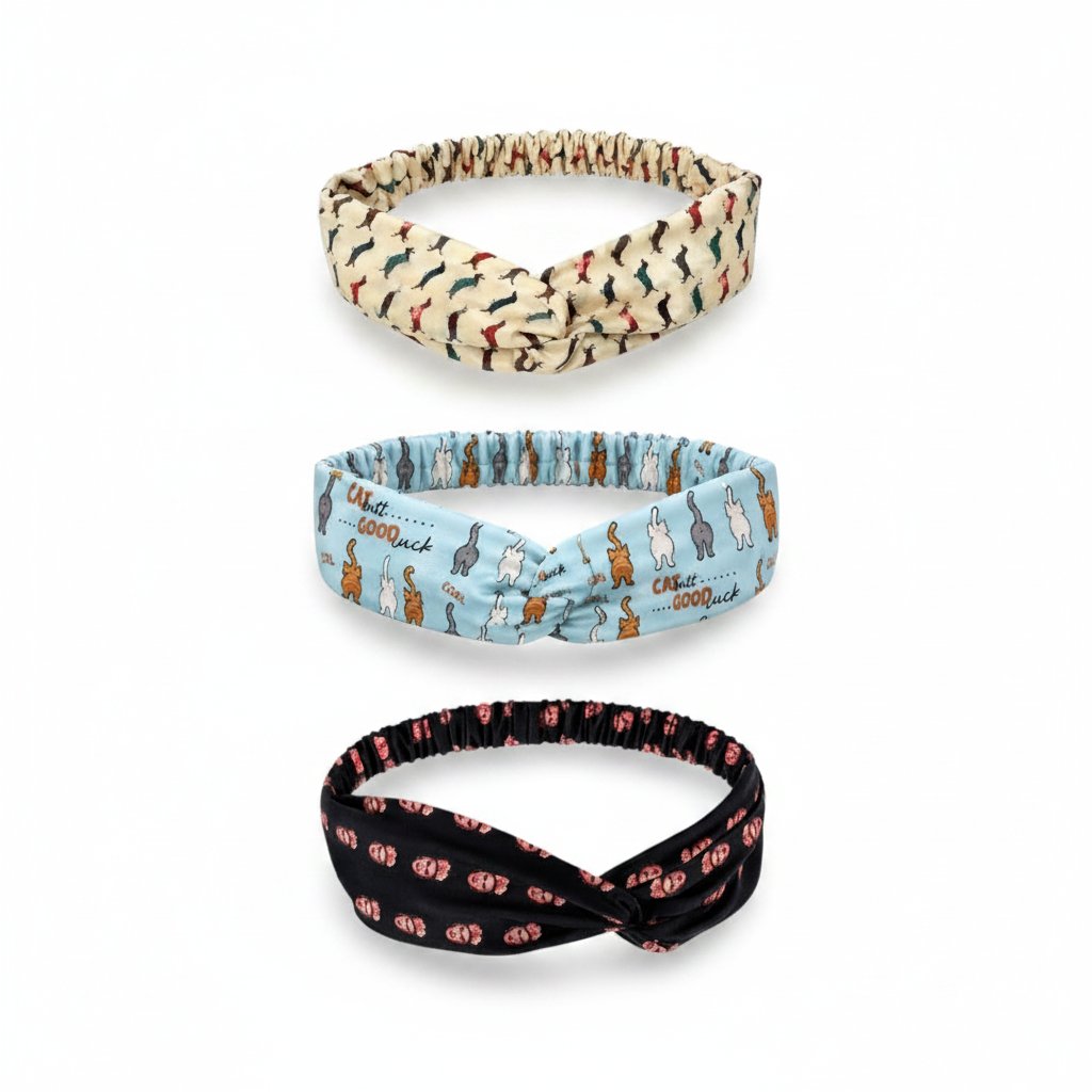 Cat & Dog Print Twist Headband - Set of 3 for wholesale by Willy be Smart